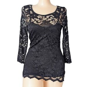 Whimsigoth Sheer Lace Top Medium Open Back Fairy Grunge Coquette Y2K Dark Floral